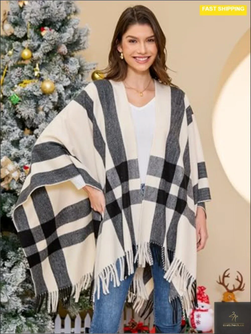 Plaid Poncho Cape Shawl Wrap Women Travel Winter Warm Wool Blend